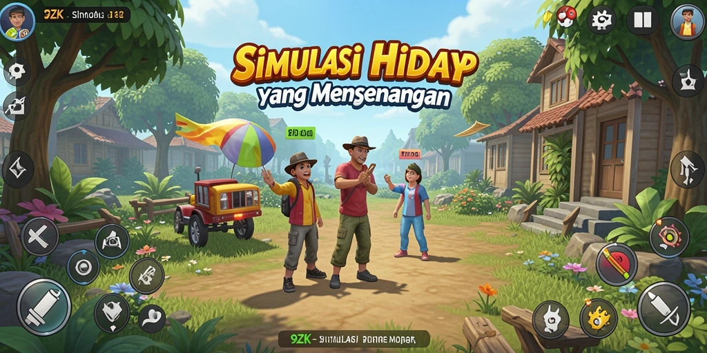 Screenshot gameplay 9ZK menunjukkan berbagai aktivitas menarik dalam simulasi.