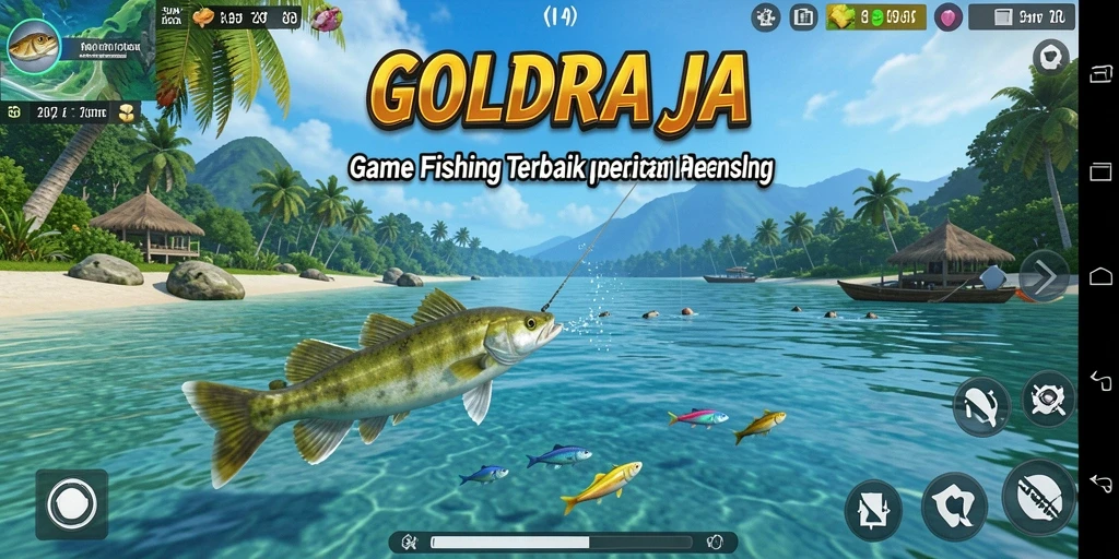 Tampilan gameplay <strong>GOLDRAJA</strong> yang menampilkan momen menangkap ikan.