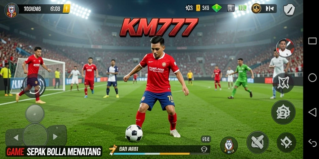 Screenshot gameplay KM777 menampilkan aksi seru di lapangan sepak bola.