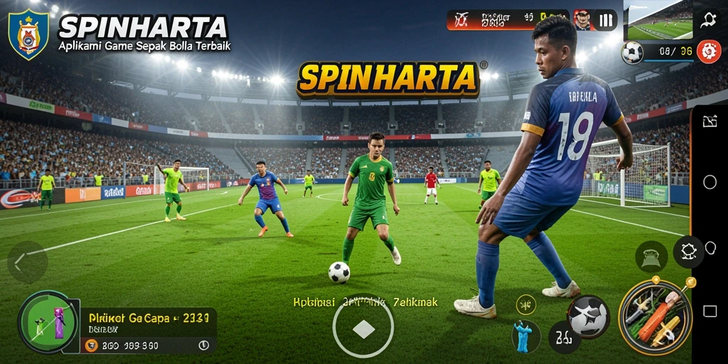 Tangkapan layar gameplay SPINHARTA menampilkan aksi seru di lapangan sepak bola.