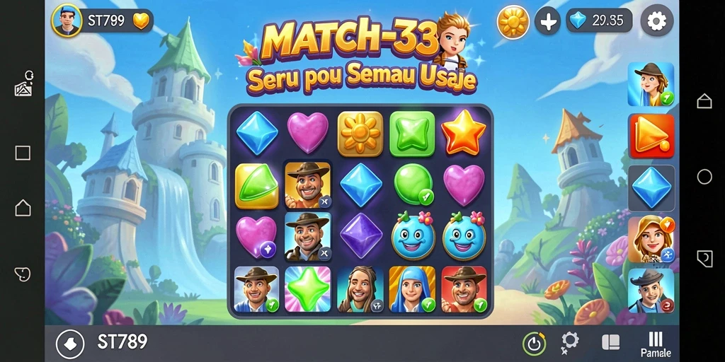 Tangkapan layar ST789 menunjukkan gameplay match-3 yang seru dan dinamis.