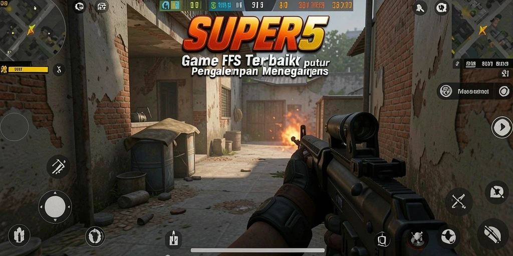 Tangkapan layar utama SUPER5 menampilkan aksi tembak-menembak yang mendebarkan.
